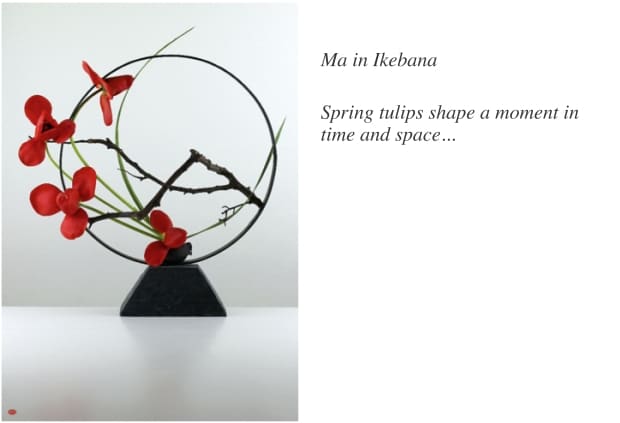 An ikebana floral arrangement showing red flowers, a branch and green grasses enclosed by a circular metal frame. Text at the side reads: Ma in Ikebana. Spring tulips shape a moment in time and space...