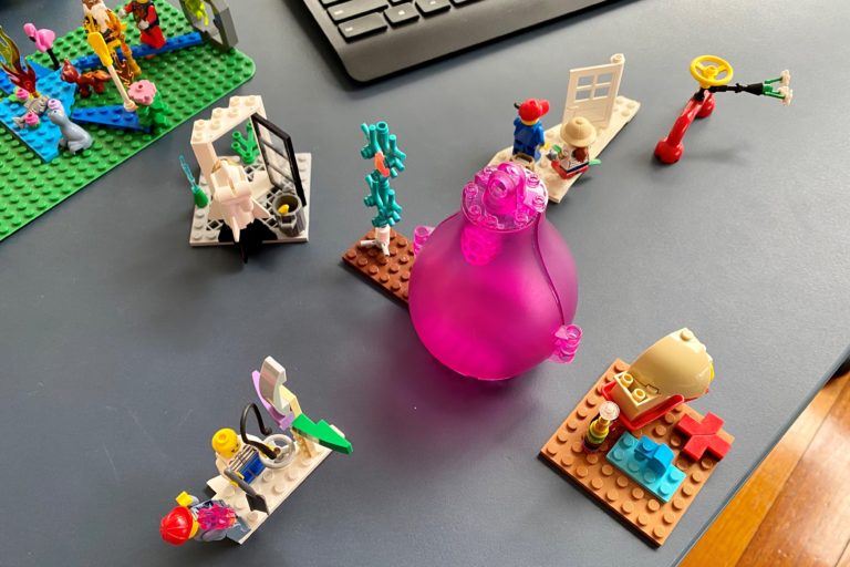 Image of a LEGO Serious Play build comprised of a central model and four surrounding models.